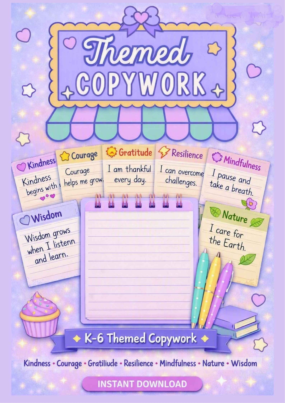 K-6 Themed Copywork Pack - Kindness, Courage, Gratitude, Resilience, Mindfulness, Nature and Wisdom - Instant Download